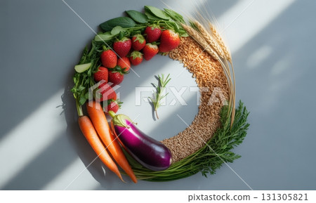 Vibrant flat lay of fresh fruits, vegetables, and whole grains in a circular arrangement 131305821