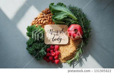 Nutritious food flat lay with nourish your body sign, almonds, kale, raspberries, pomegranate 131305822