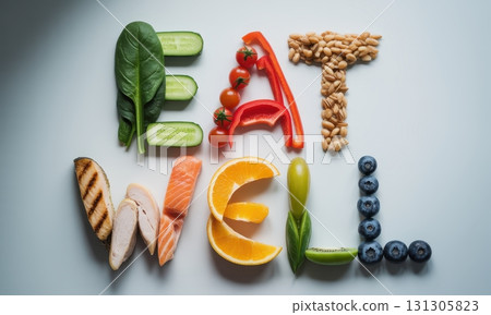 Vibrant healthy food spelling EAT WELL word for nutrition and wellness concept Vibrant healthy food spelling EAT WELL word for nutrition and wellness concept 131305823