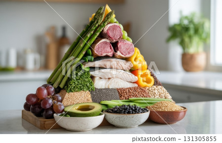 Meticulously arranged healthy food pyramid with diverse nutritious ingredients in a kitchen 131305855