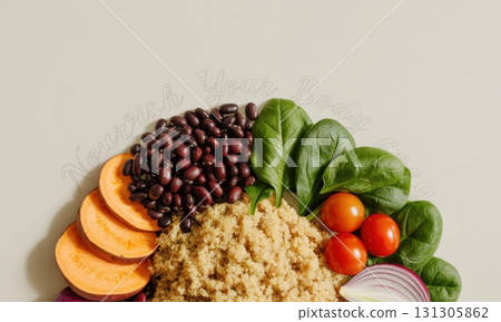 Vibrant plant based superfood arrangement with quinoa, black bean, spinach, and fresh vegetables 131305862