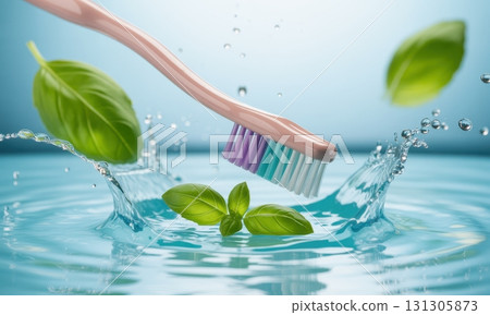Soft pink toothbrush with colorful bristles and fresh green leaves in dynamic water splash 131305873