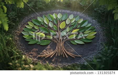 Stylized tree symbol crafted from green leaves and twigs on stone in nature 131305874