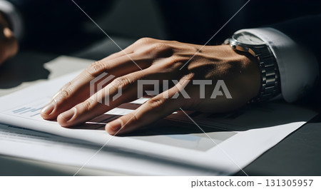 Closeup of businessmans hand reviewing financial data with watch 131305957