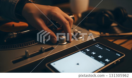 DJ Adjusting Volume on Turntable While Listening to Music 131305962