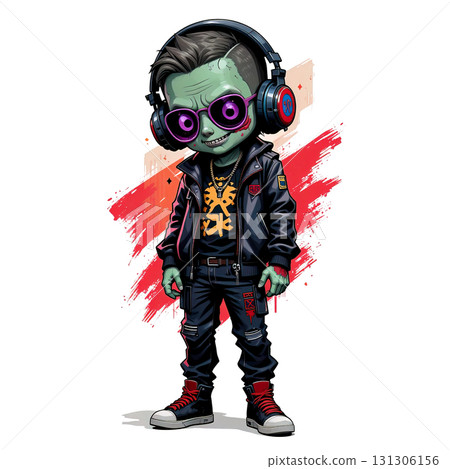 Stylized illustration of a cool, small zombie kid wearing a leather jacket, pink sunglasses, and oversized headphones. Stylized illustration of a cool, small zombie kid wearing a leather jacket, pink sunglasses, and oversized headphones. 131306156
