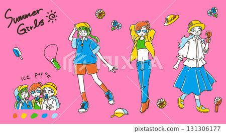 簡單可愛的夏裝女孩手繪插圖 131306177