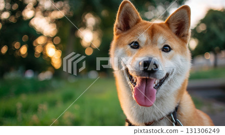 微笑的柴犬和黃昏時的公園景色 131306249