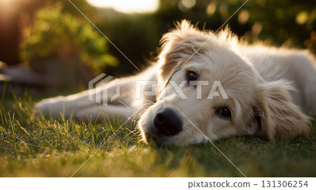 一隻可愛的狗躺在草地上,夕陽西下 一隻可愛的狗躺在草地上,夕陽西下 131306254