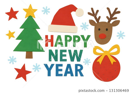 Happy New Year text with Santa hat, Christmas tree, reindeer face, snowflakes, star 131306469