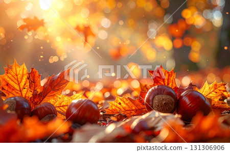 栗子裹著鮮豔的秋光，秋葉，夢幻般的背景 131306906