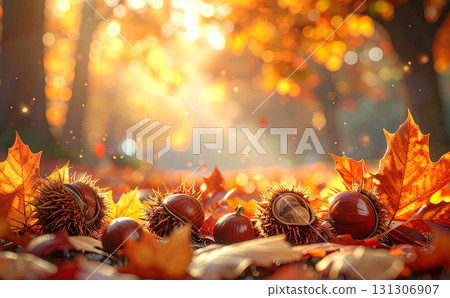 Chestnuts wrapped in vivid autumn light, autumn leaves, a fantastic background 131306907