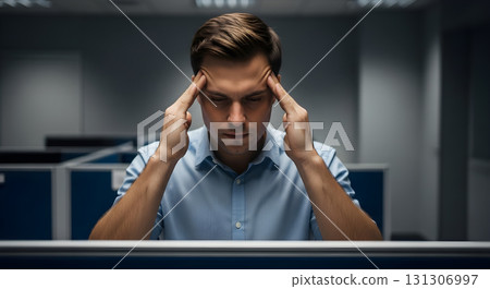 Stressed businessman with headache working in modern office cubicle. 131306997