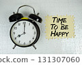 Time To Be Happy text with alarm clock on yellow background 131307060