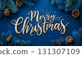Luxury festive card with golden Merry Christmas text, pine branches and cones on blue background 131307109