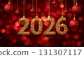 Luxury new year 2026 design with Christmas decorations and red bokeh background 131307117