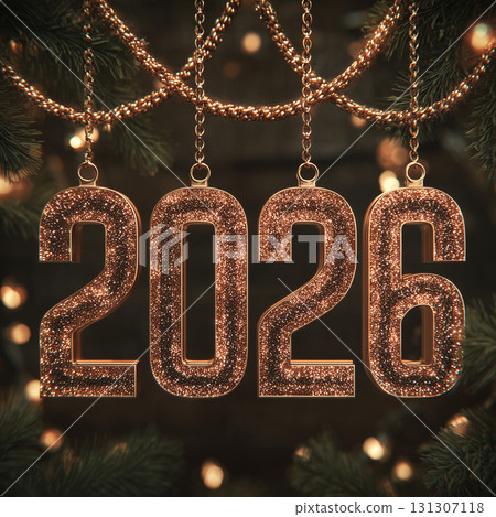 2026 new year glitter hanging numbers on dark Christmas background 131307118