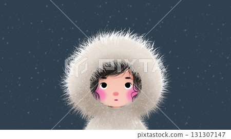 Cute cartoon child in a fluffy white winter coat with rosy cheeks looking ahead while snow gently falls on a dark blue background 131307147