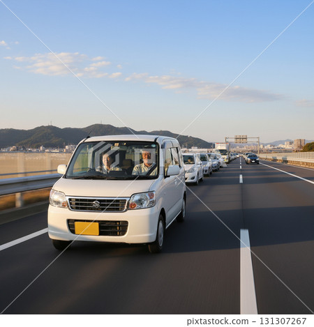 AI-generated image (a car driving in the passing lane on a highway, causing traffic jams behind it) 131307267