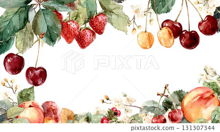 水彩水果邊框插圖-草莓與櫻桃花卉裝飾設計 水彩水果邊框插圖-草莓與櫻桃花卉裝飾設計 131307344