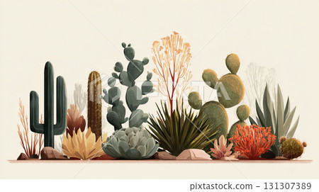 A desert botanical illustration featuring a variety of cacti 131307389