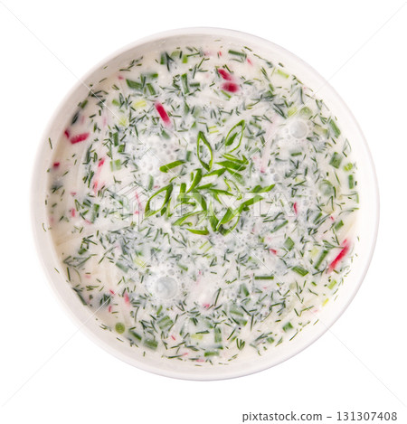 Isolated bowl of traditional cold okroshka soup 131307408