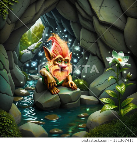 Magical gnome by the stream in a hidden cave. A quirky gnome with bright red hair and a multi-colored beard sits in a cave by a quiet stream, next to a magical flower. 131307415