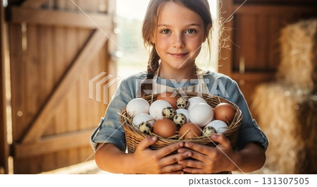 Smiling girl holding fresh eggs in a barn. Smiling girl holding fresh eggs in a barn. 131307505