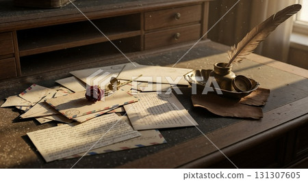 Vintage desk with old maps, books, and a feather pen. 131307605