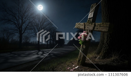 Night scene with a graveyard cross under the moonlight. 131307606