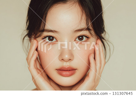 一位年輕女子在米色背景下凸顯她美麗的肌膚 一位年輕女子在米色背景下凸顯她美麗的肌膚 131307645