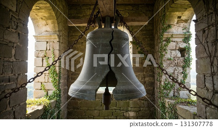 Ancient stone bell tower with large bronze bells. Ancient stone bell tower with large bronze bells. 131307778