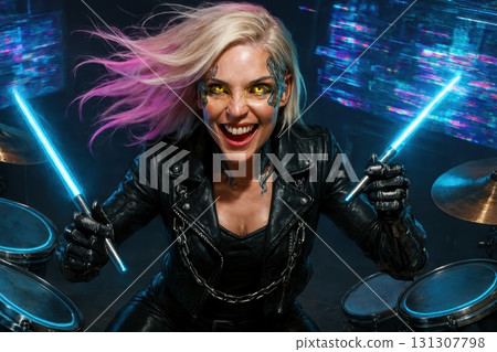 Female drummer with glowing sticks and manic expression 131307798