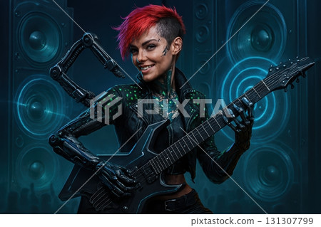 Happy guitarist with cybernetic arm in front of speakers 131307799