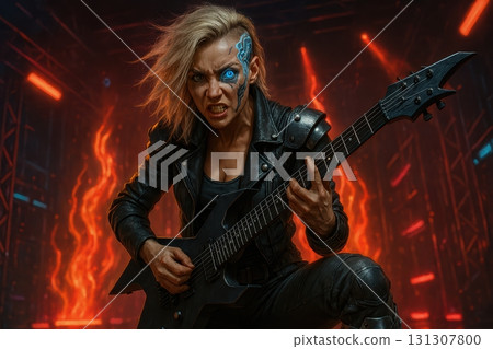 Aggressive female guitarist performing with fiery background Aggressive female guitarist performing with fiery background 131307800