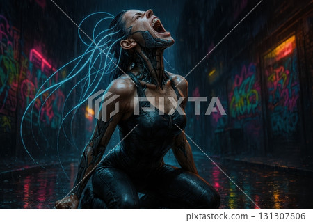A desperate cybernetic woman screaming in the rain 131307806