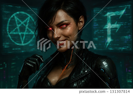 Enigmatic cybernetic woman with red glowing eyes 131307814