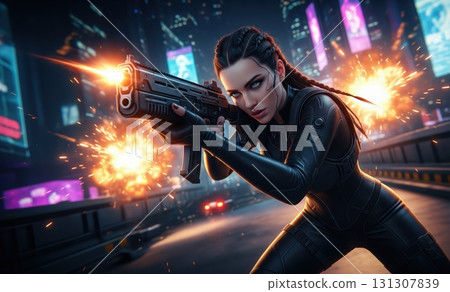 Woman in black tactical gear aiming weapon in a city Woman in black tactical gear aiming weapon in a city 131307839