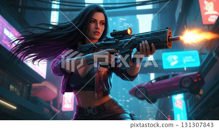 Cyberpunk woman with a rifle and a flying car Cyberpunk woman with a rifle and a flying car 131307843