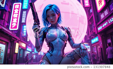 A futuristic soldier in a cyberpunk street 131307848