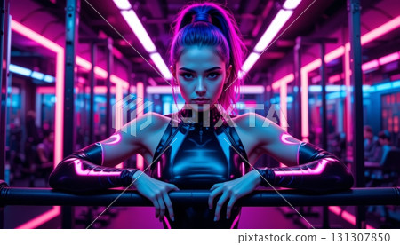 Cyberpunk woman with fierce expression in a neon gym 131307850