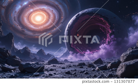 A mysterious portal floats over a barren alien landscape 131307877