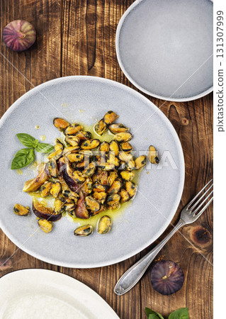 Steamed mussels and figs. Steamed mussels and figs. 131307999