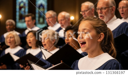 Choir of children and seniors singing together. 131308197