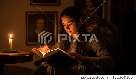 Girl reading a book by candlelight at night. 131308199