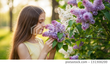 Girl smelling fresh lilac flowers in spring. 131308200