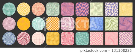 Groovy checkered pattern, colorful tiled grid. Vintage wavy curved backdrop, distortion effect. Funky geometric chessboard texture, retro background in 90s style, y2k. Vector illustration 131308225