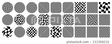 Groovy checkered pattern, colorful tiled grid. Vintage wavy curved backdrop, distortion effect. Funky geometric chessboard texture, retro background in 90s style, y2k. Vector illustration 131308232