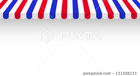 Shop sunshade. Realistic striped cafe awning. Outdoor market tent. Roof canopy in French flag colors. Summer street store. Vector illustration. 131308233