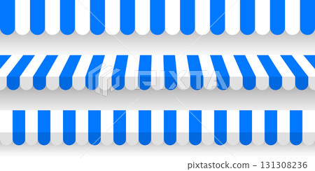 Shop sunshade. Realistic striped cafe awning. Outdoor market tent. Roof canopy. Summer street store. Vector illustration 131308236